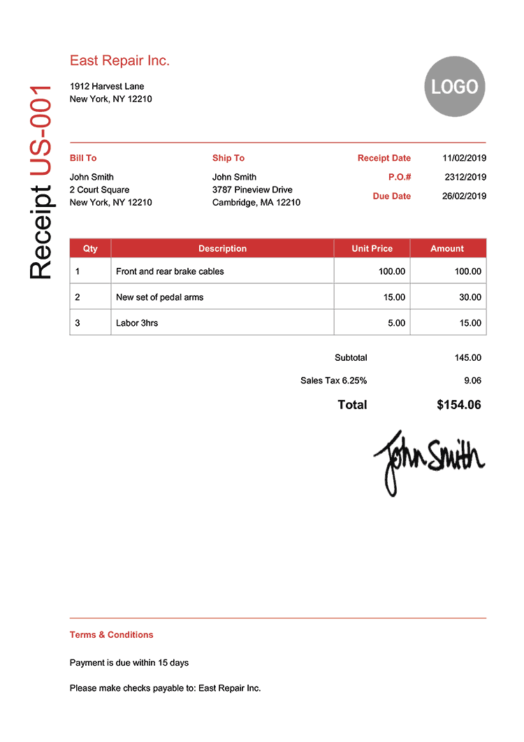 Receipt Template Us Modern Red 