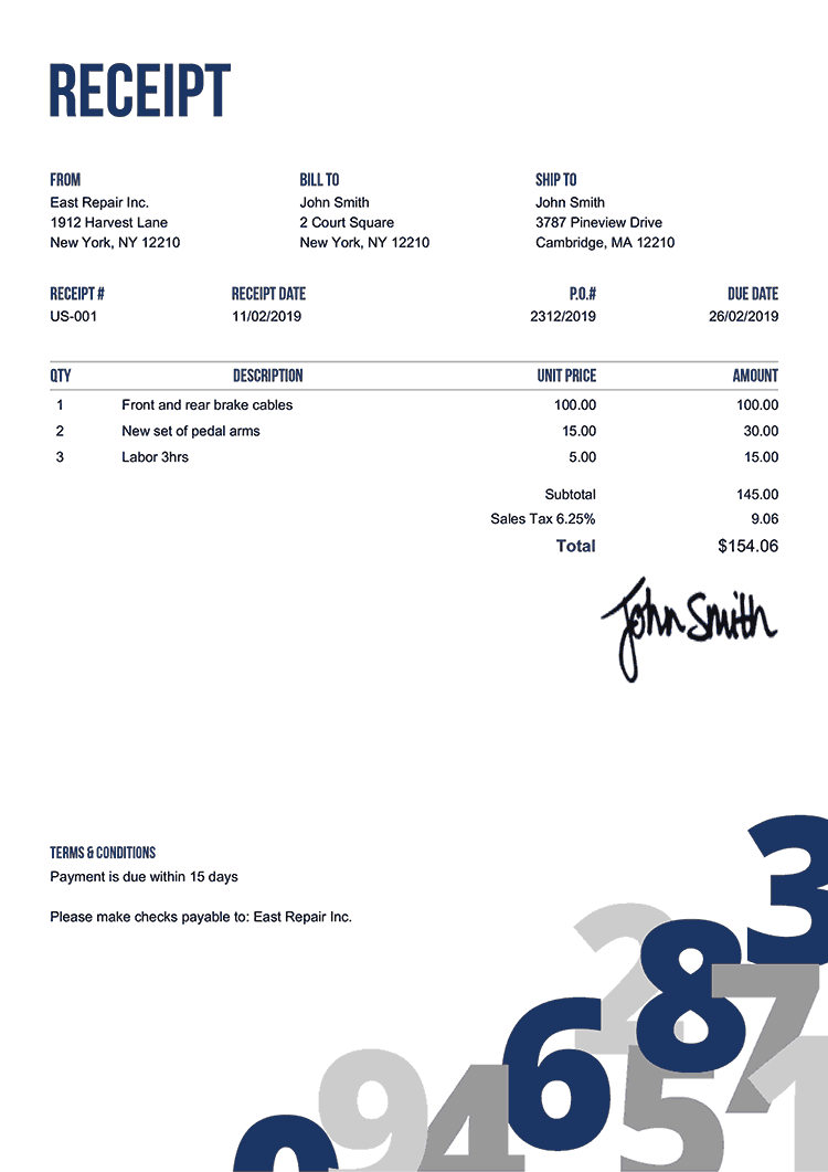Receipt Template Us Numbers Blue 