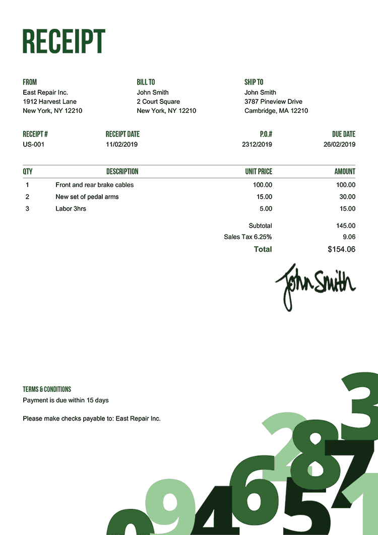 Receipt Template Us Numbers Green 