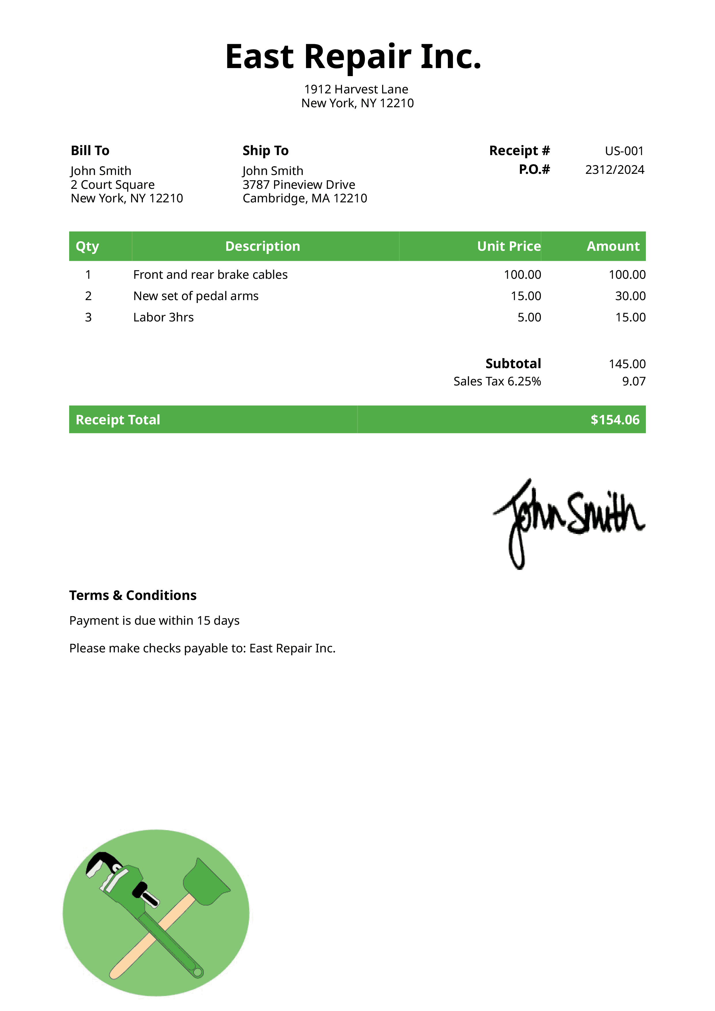 Receipt Template Us Plumber Green 