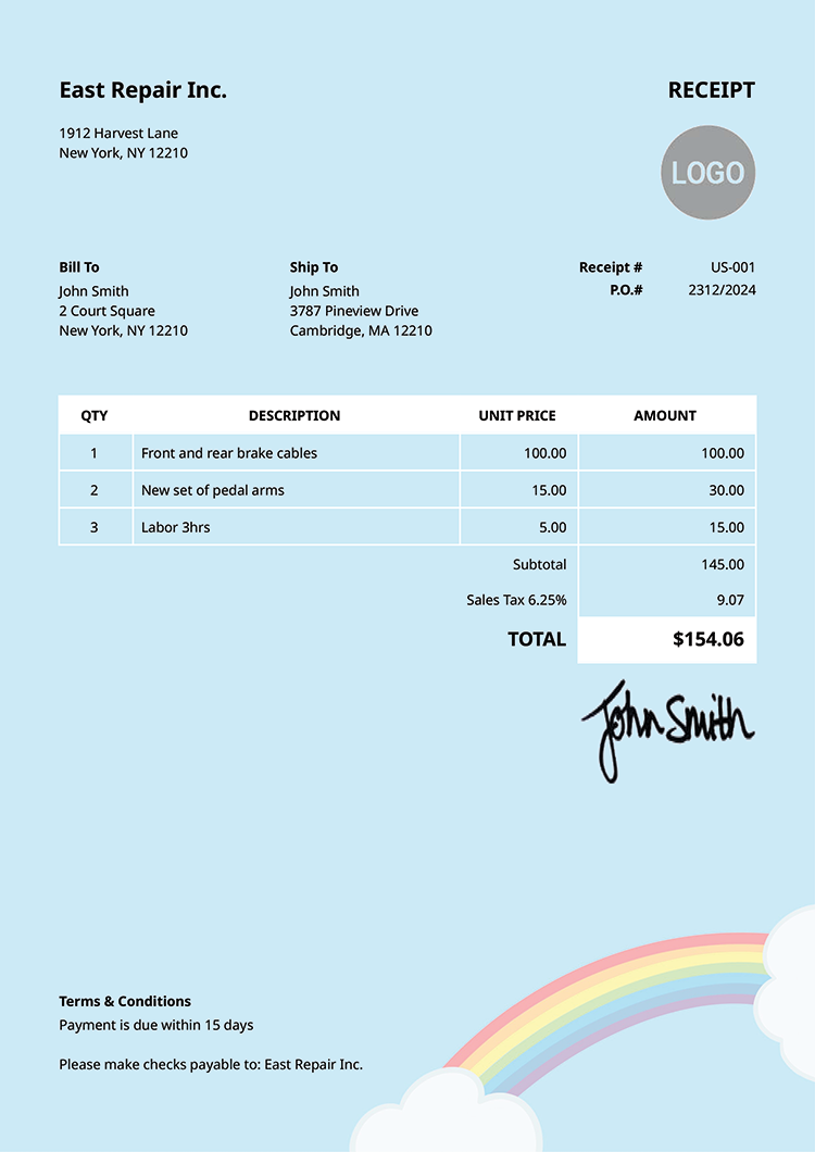 Receipt Template Us Rainbow Clouds 