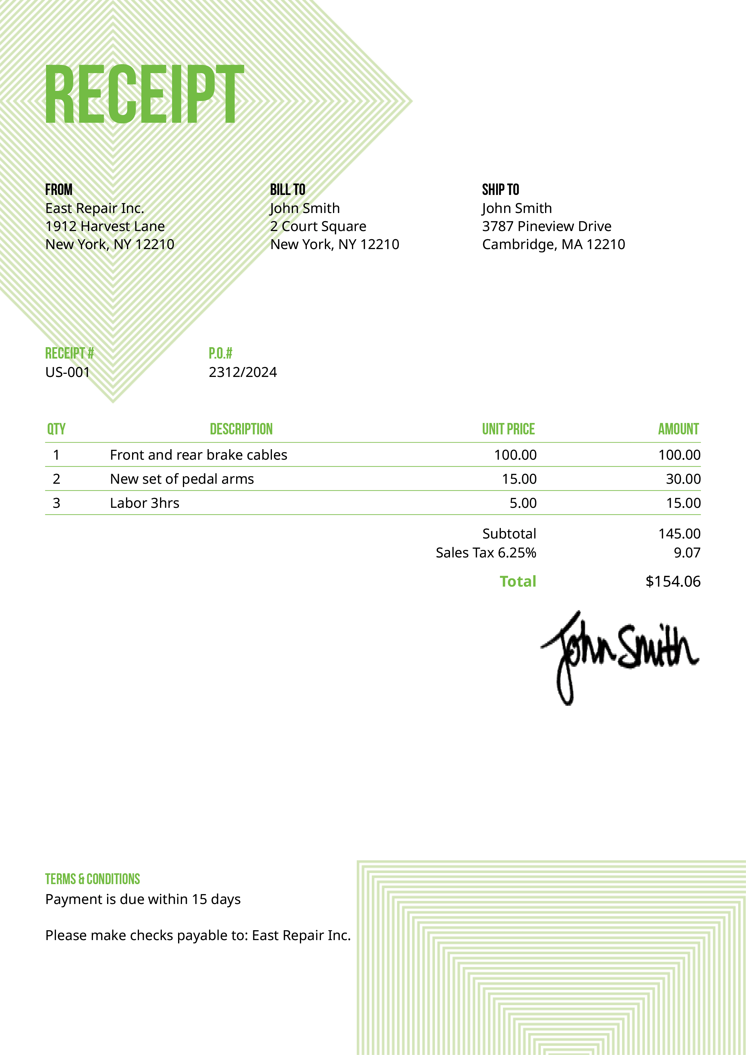 Receipt Template Us Squares Green 