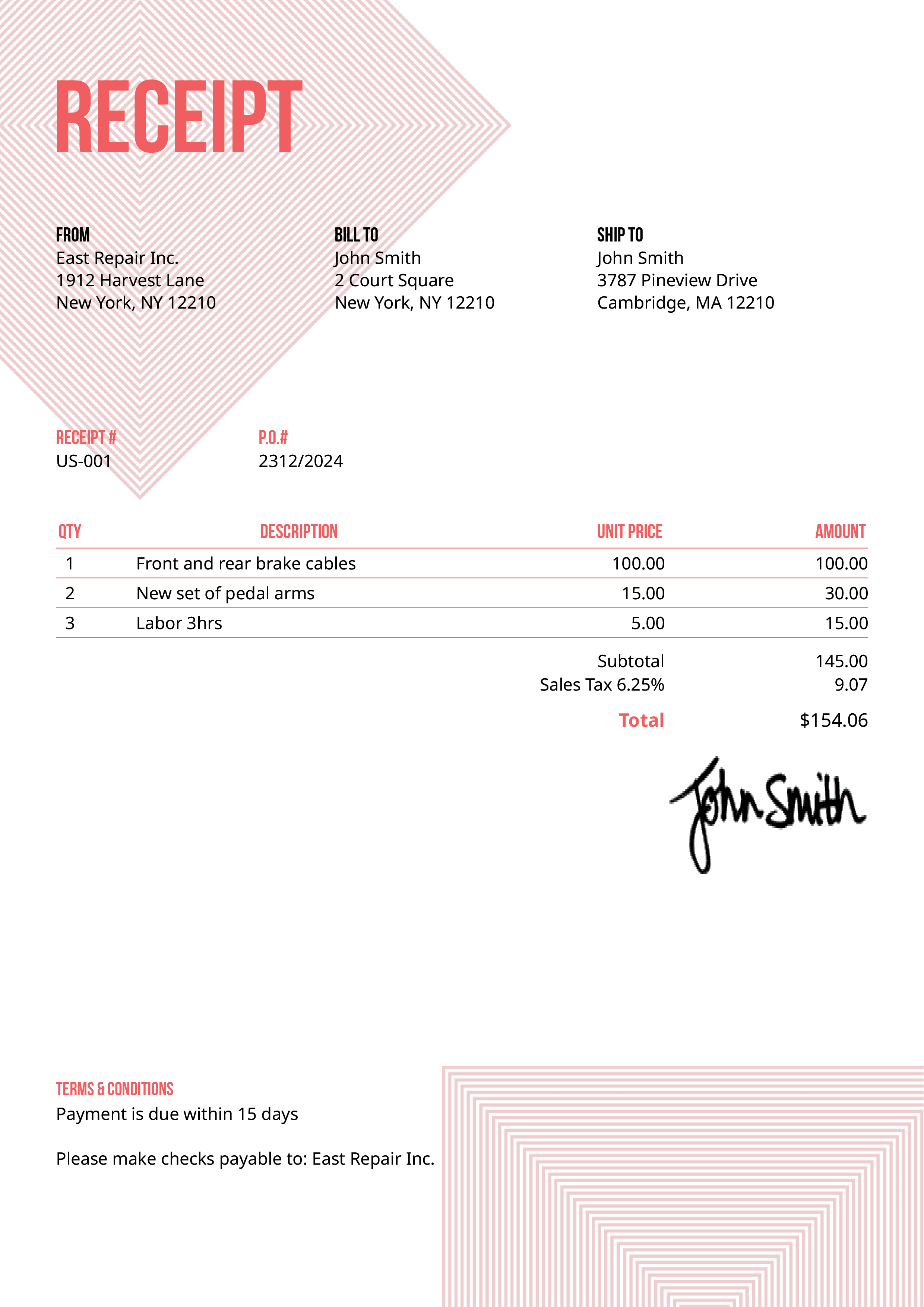 Receipt Template Us Squares Pink 