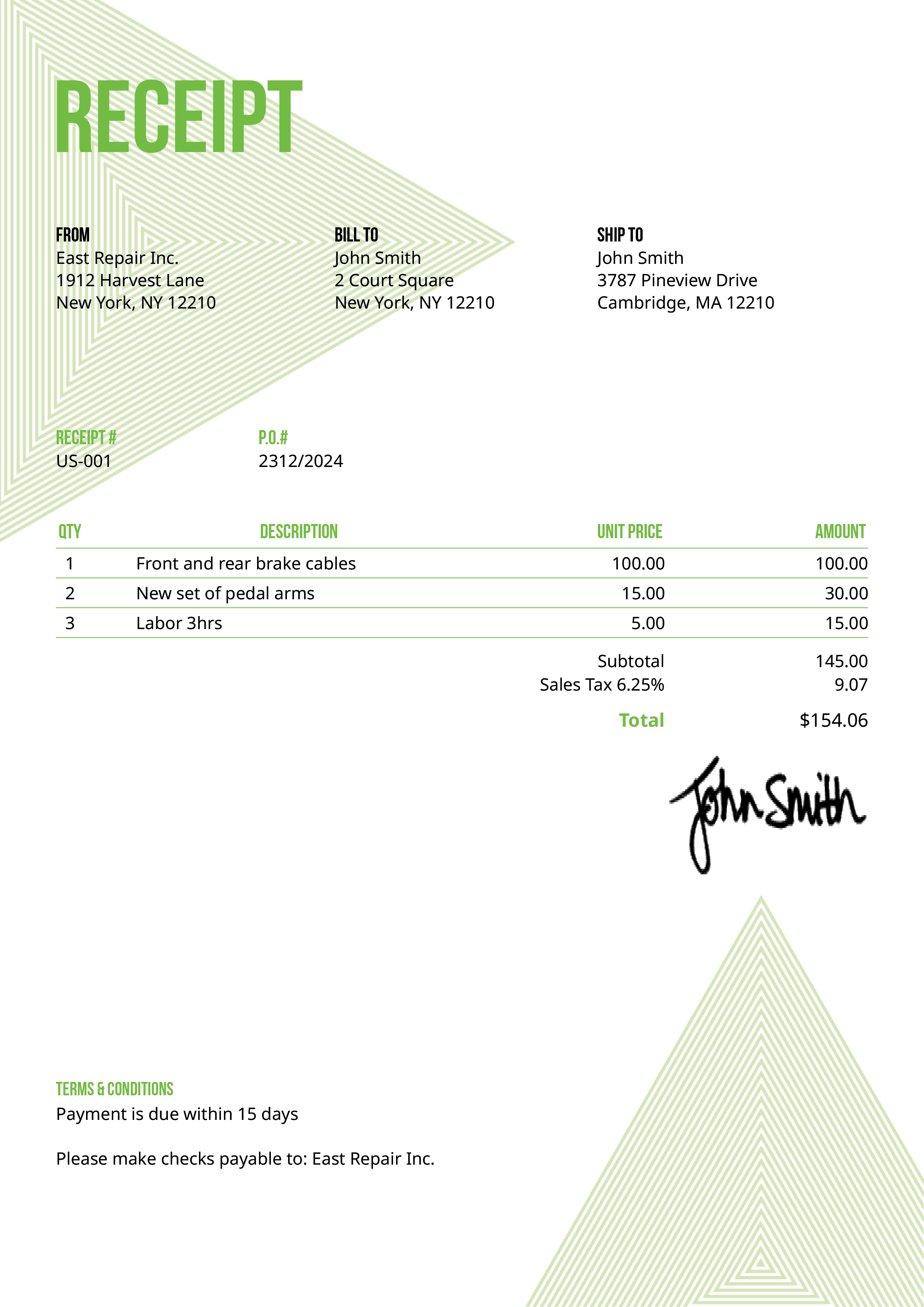 Receipt Template Us Triangles Green 