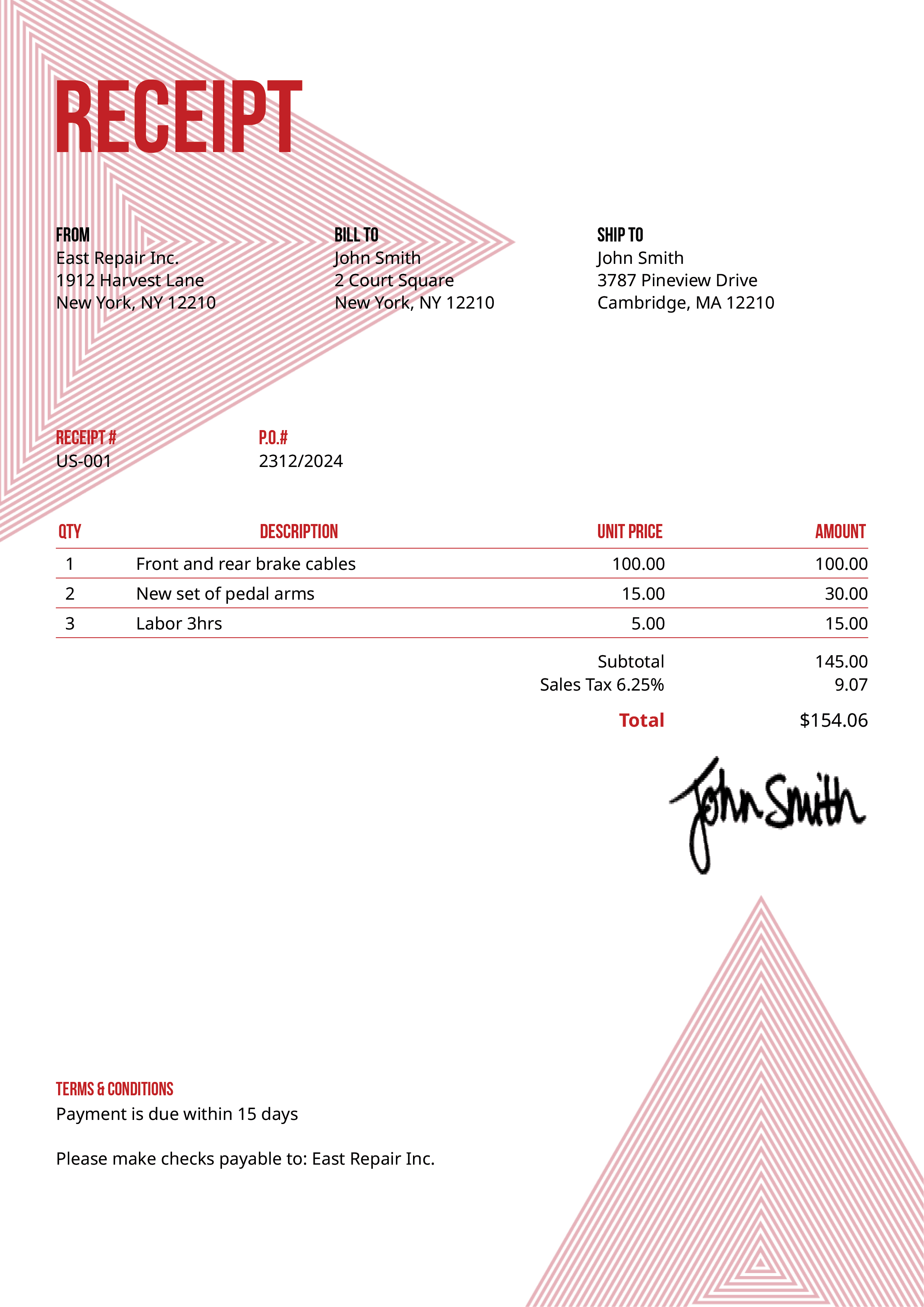 Receipt Template Us Triangles Red 
