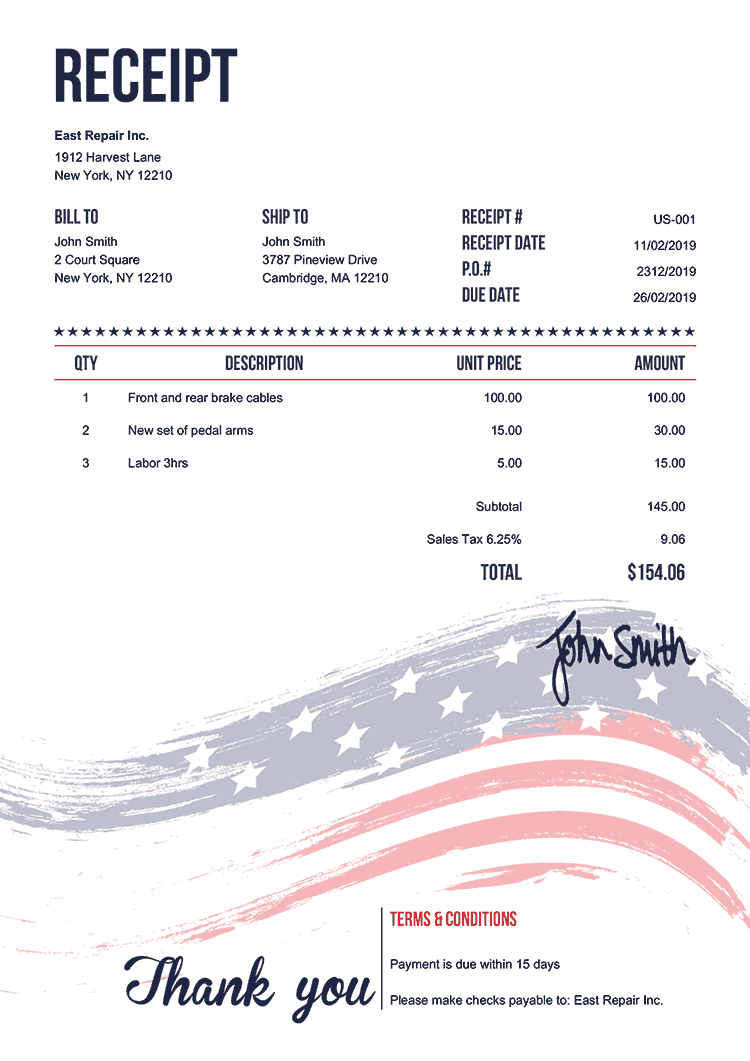 Receipt Template Us Us Flag 