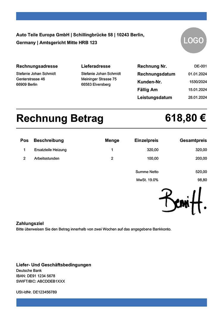 100 Kostenlose Rechnungsvorlagen Zum Kostenlosen Herunterladen