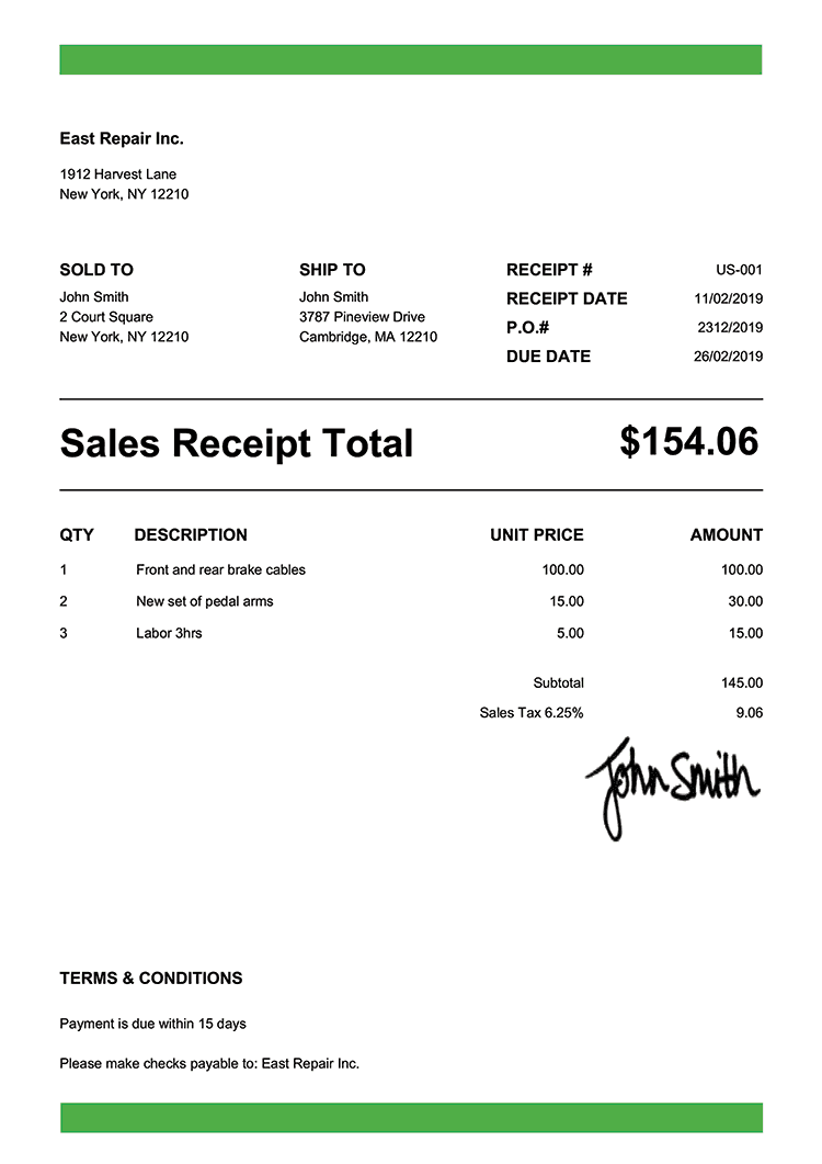 Sales Receipt Template Us Band Green 