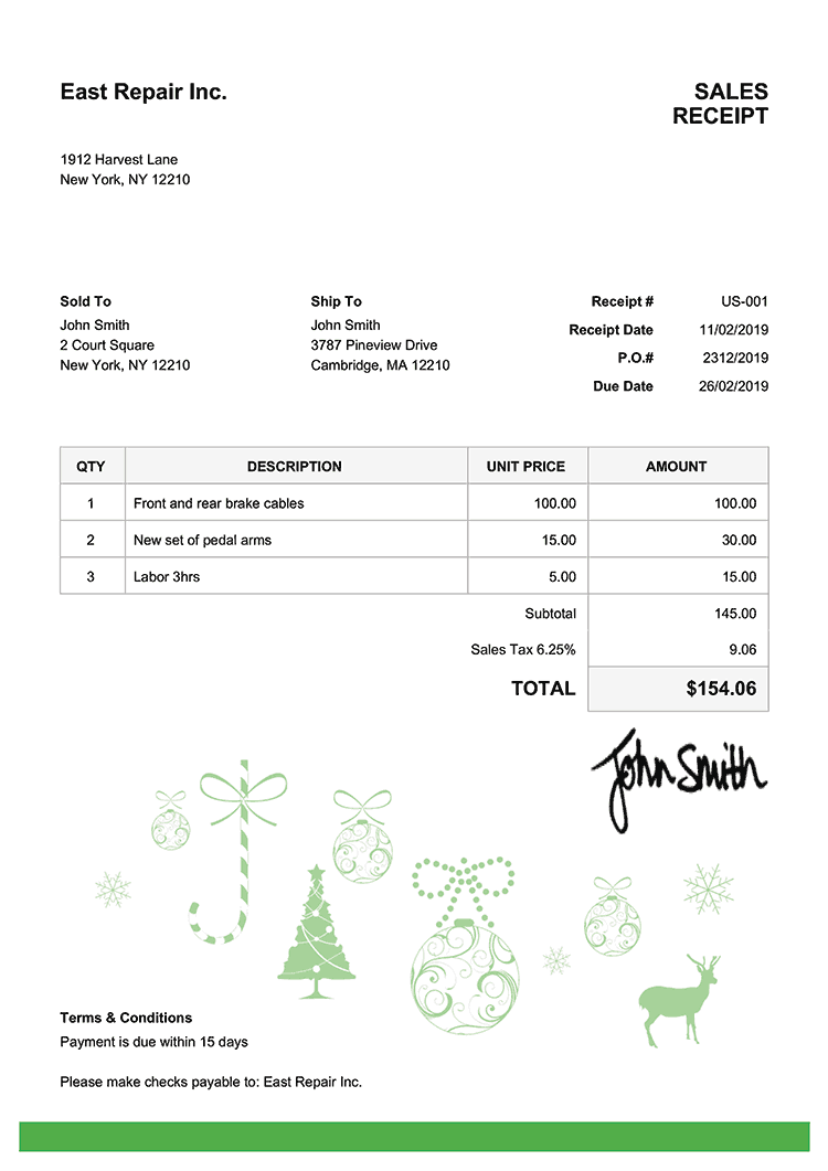 Sales Receipt Template Us Christmas Decoration Green 