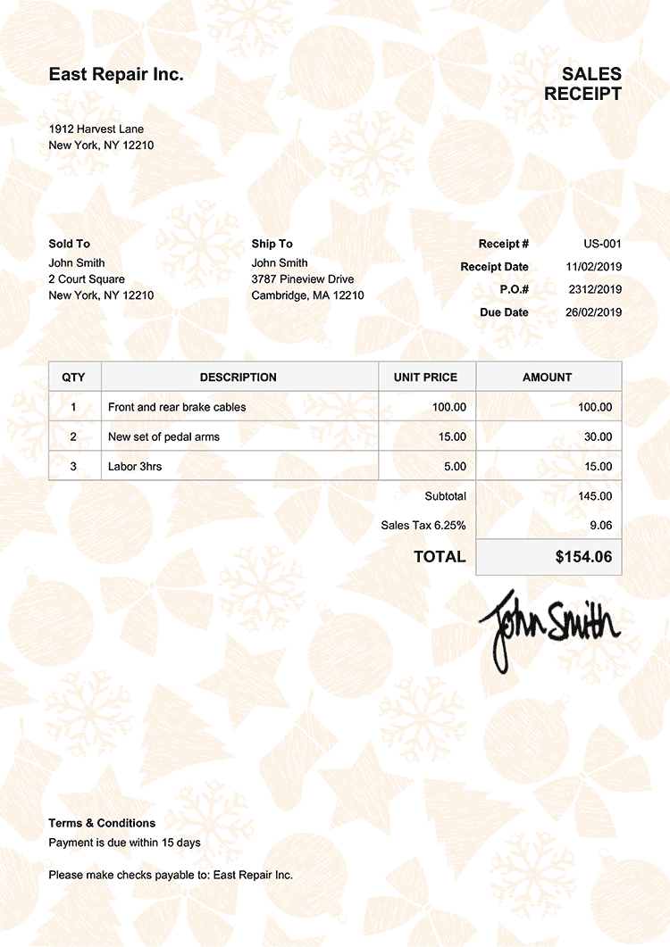 Sales Receipt Template Us Christmas Pattern Yellow 