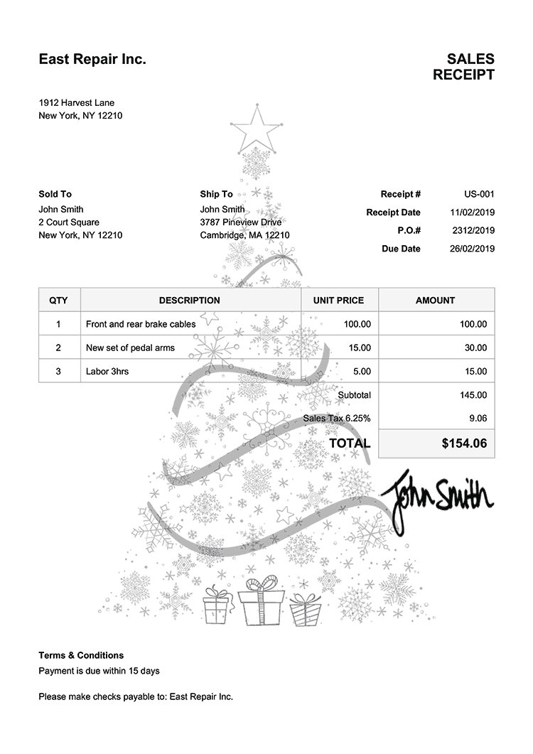 Sales Receipt Template Us Christmas Tree Black 