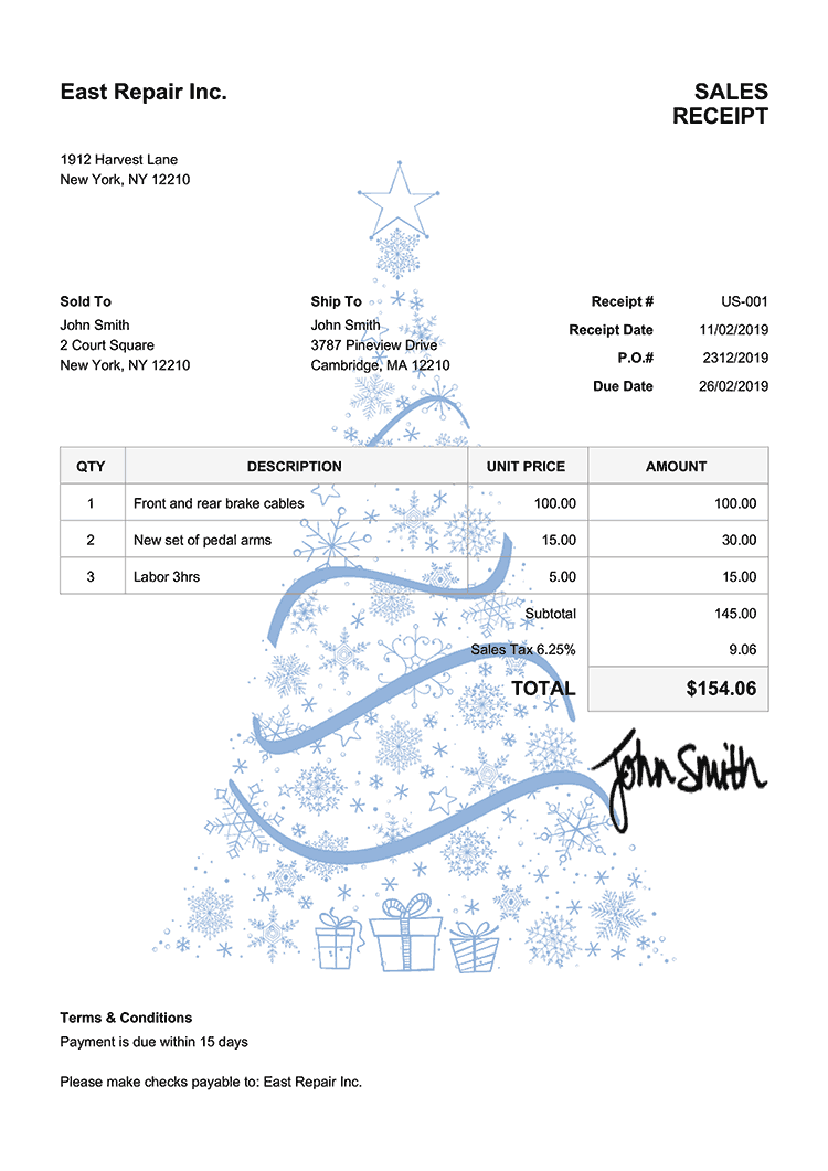 Sales Receipt Template Us Christmas Tree Blue 