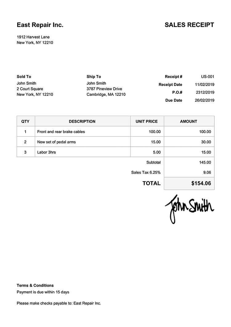 Sales Receipt Template Us Classic White 