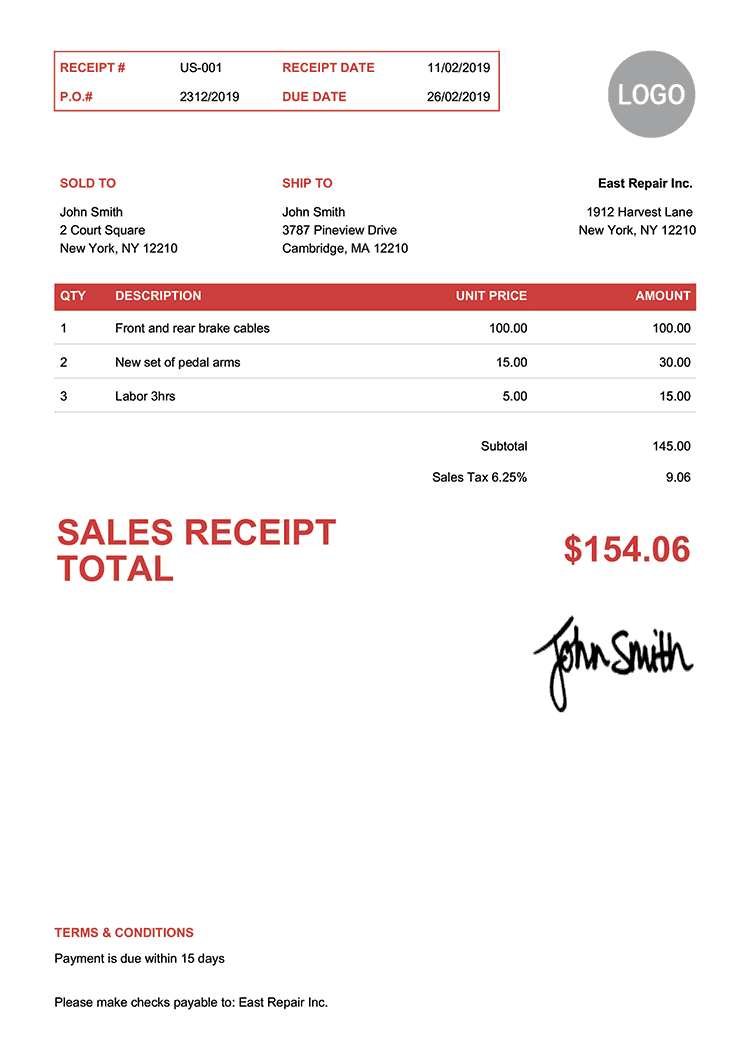 Sales Receipt Template Us Clean Red 