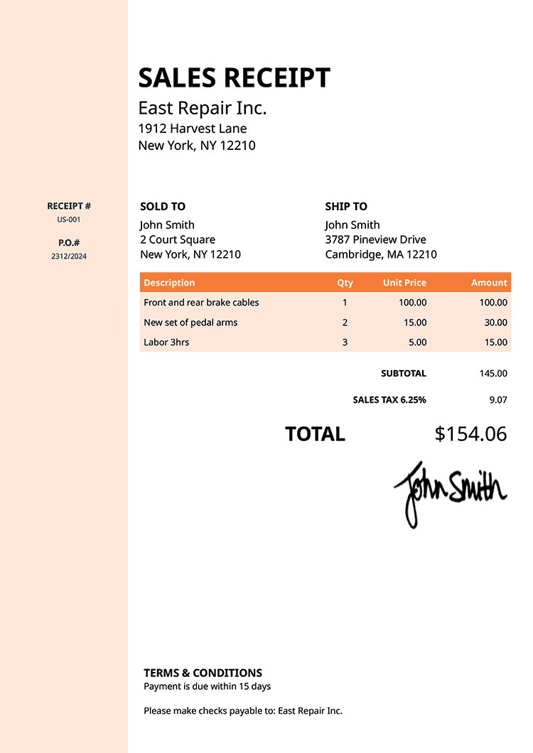 Sales Receipt Template Us Column Orange 