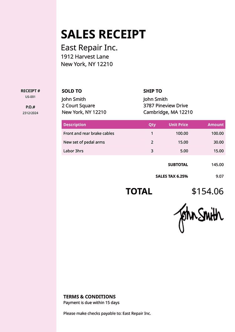 Sales Receipt Template Us Column Pink 