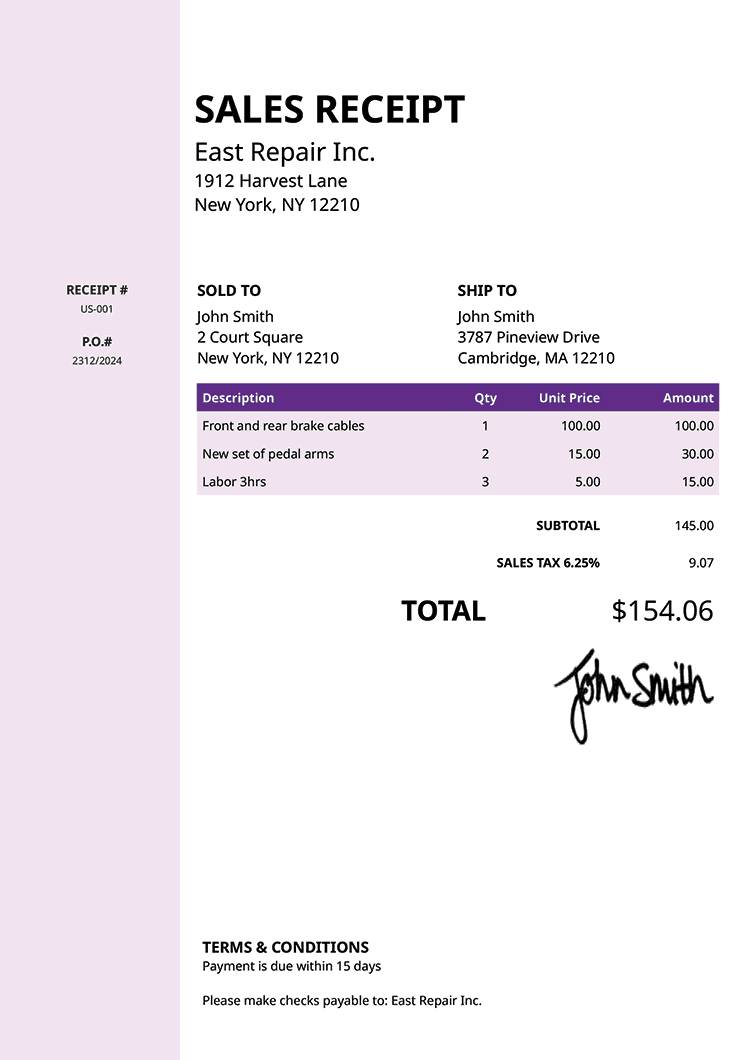 Sales Receipt Template Us Column Purple 