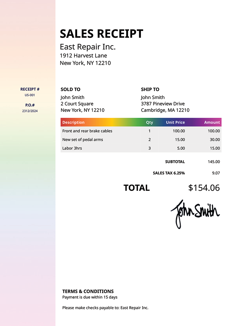 Sales Receipt Template Us Column Rainbow 