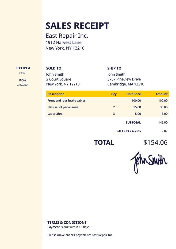 Sales Receipt Template Us Column Yellow 