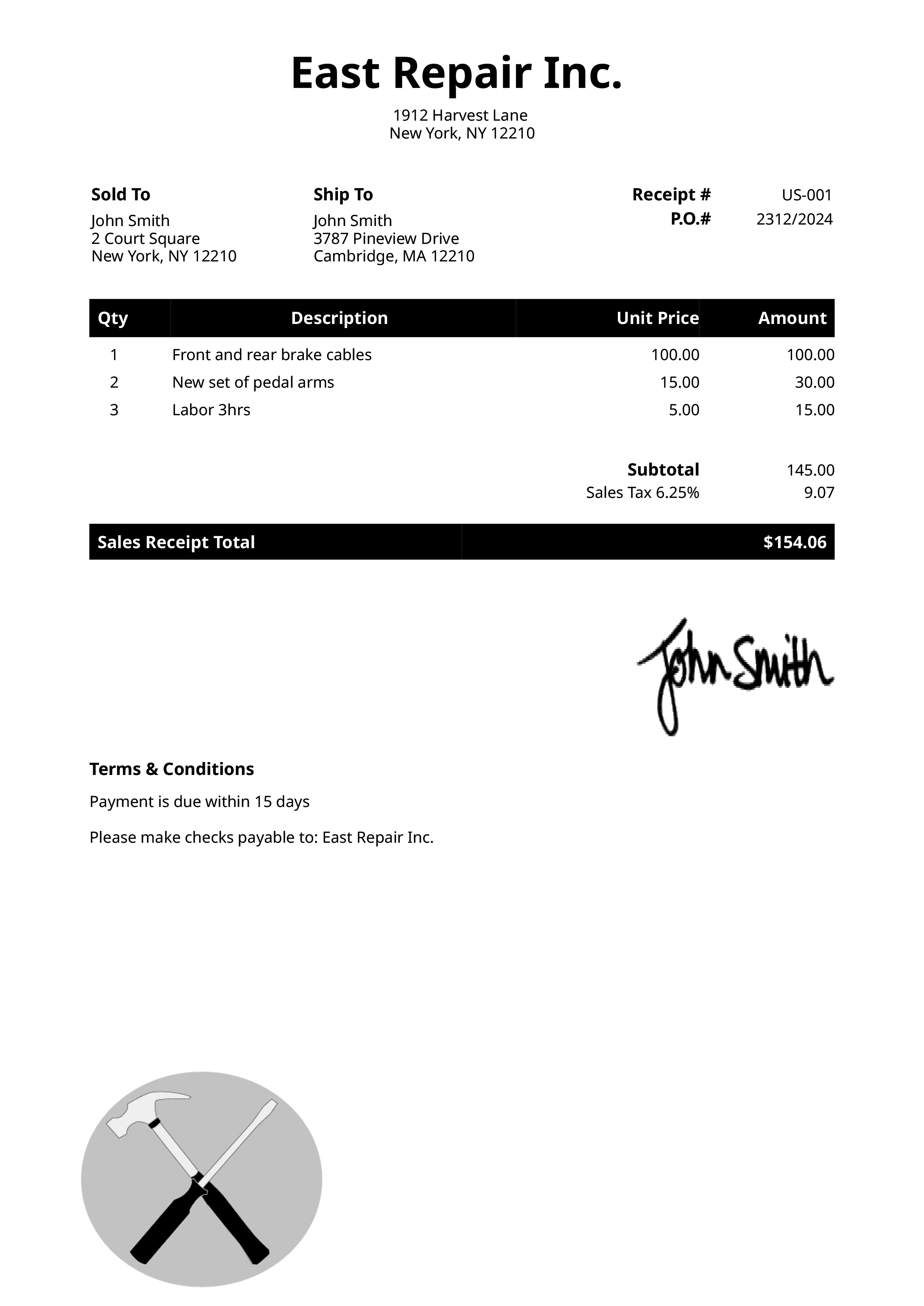 Sales Receipt Template Us Contractor Black 