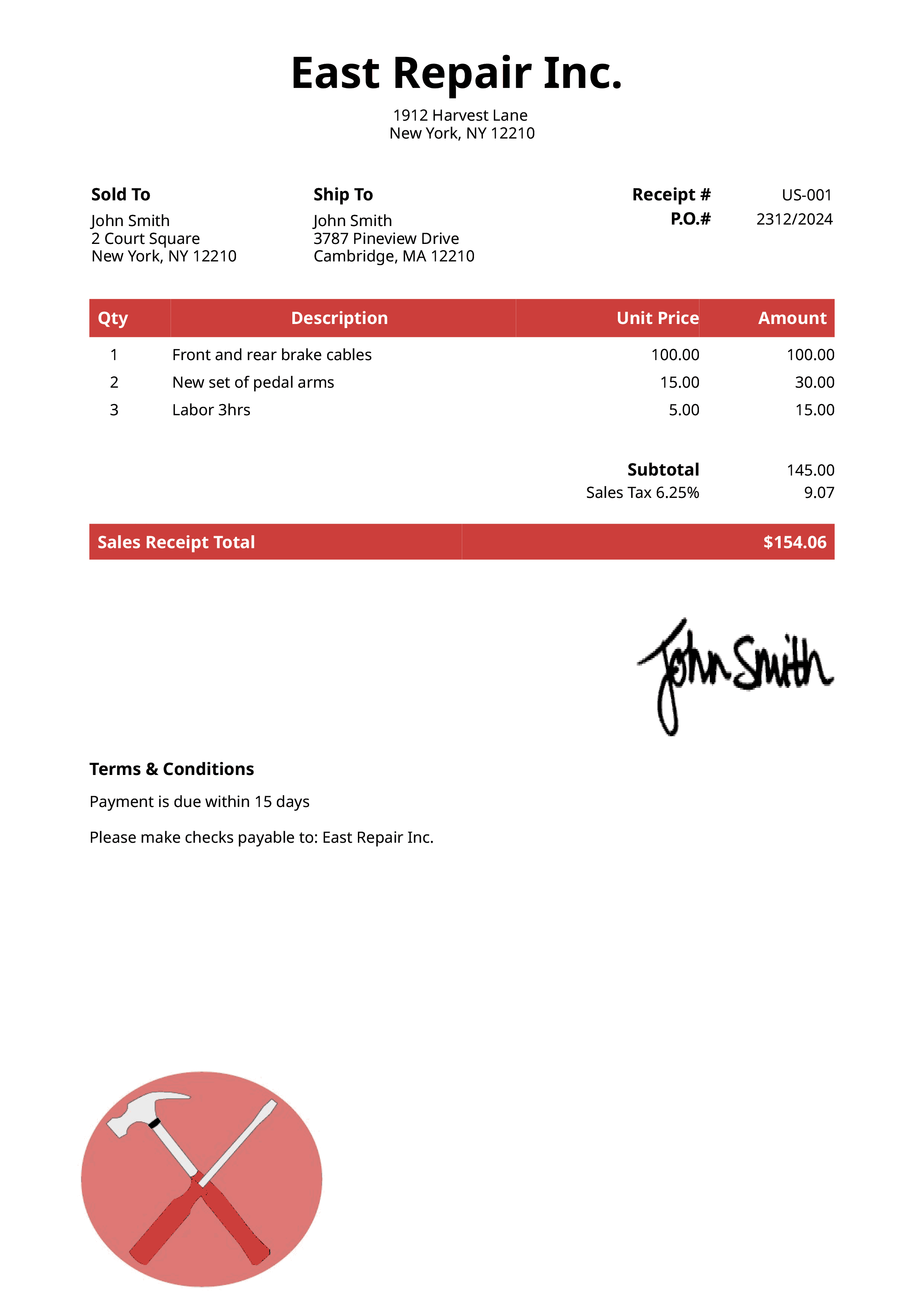 Sales Receipt Template Us Contractor Red 