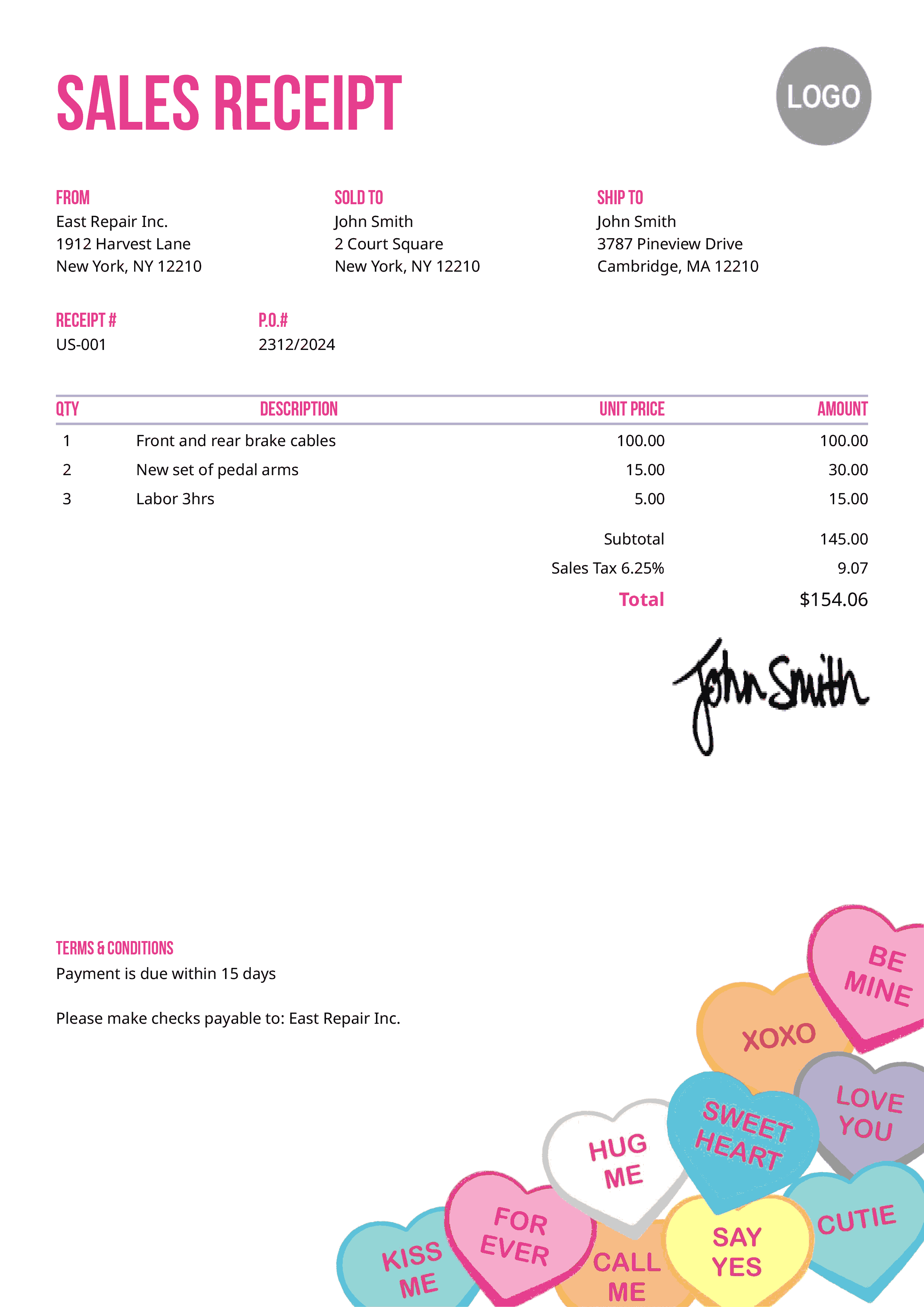 Sales Receipt Template Us Conversation Hearts 