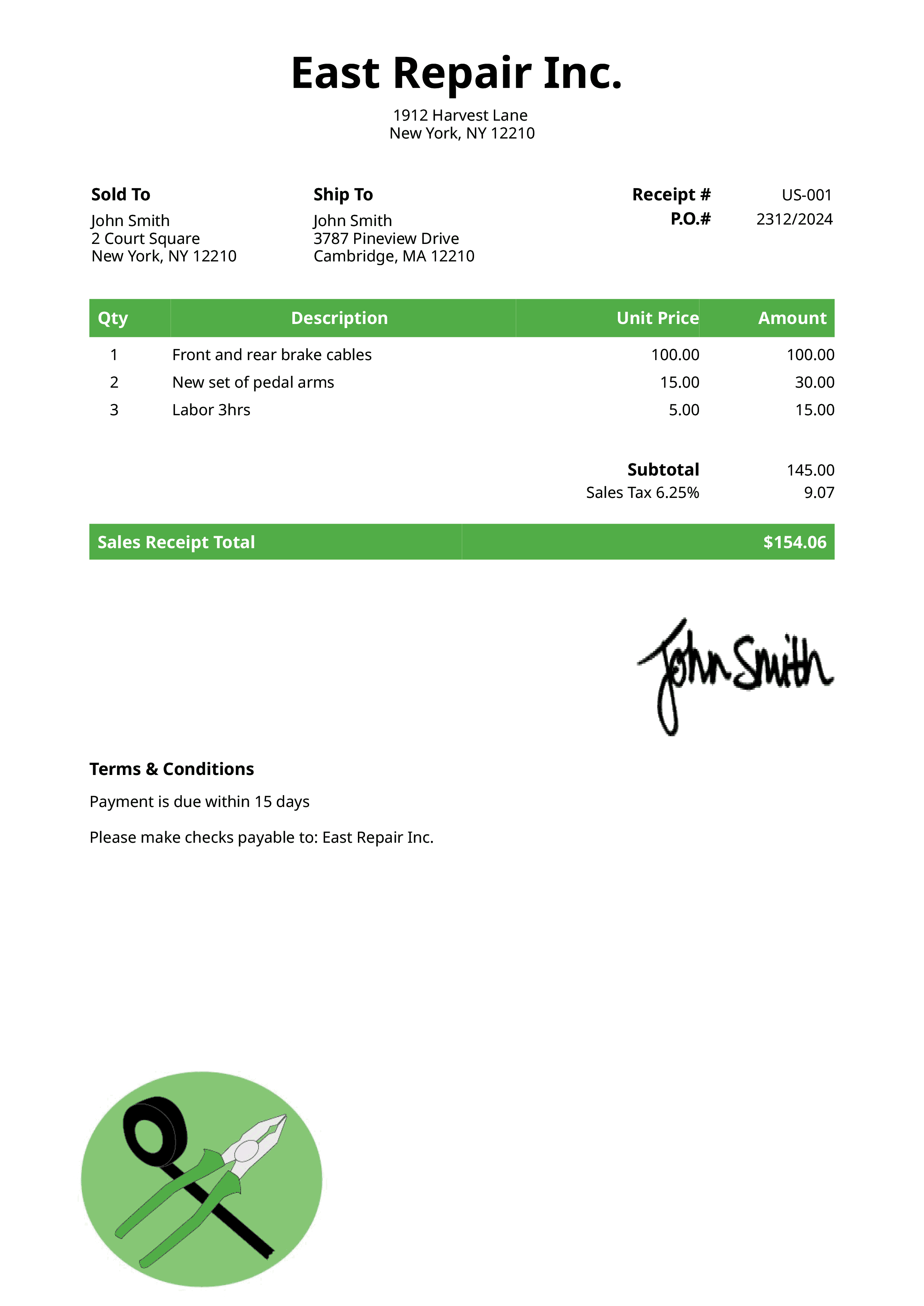 Sales Receipt Template Us Electrician Green 