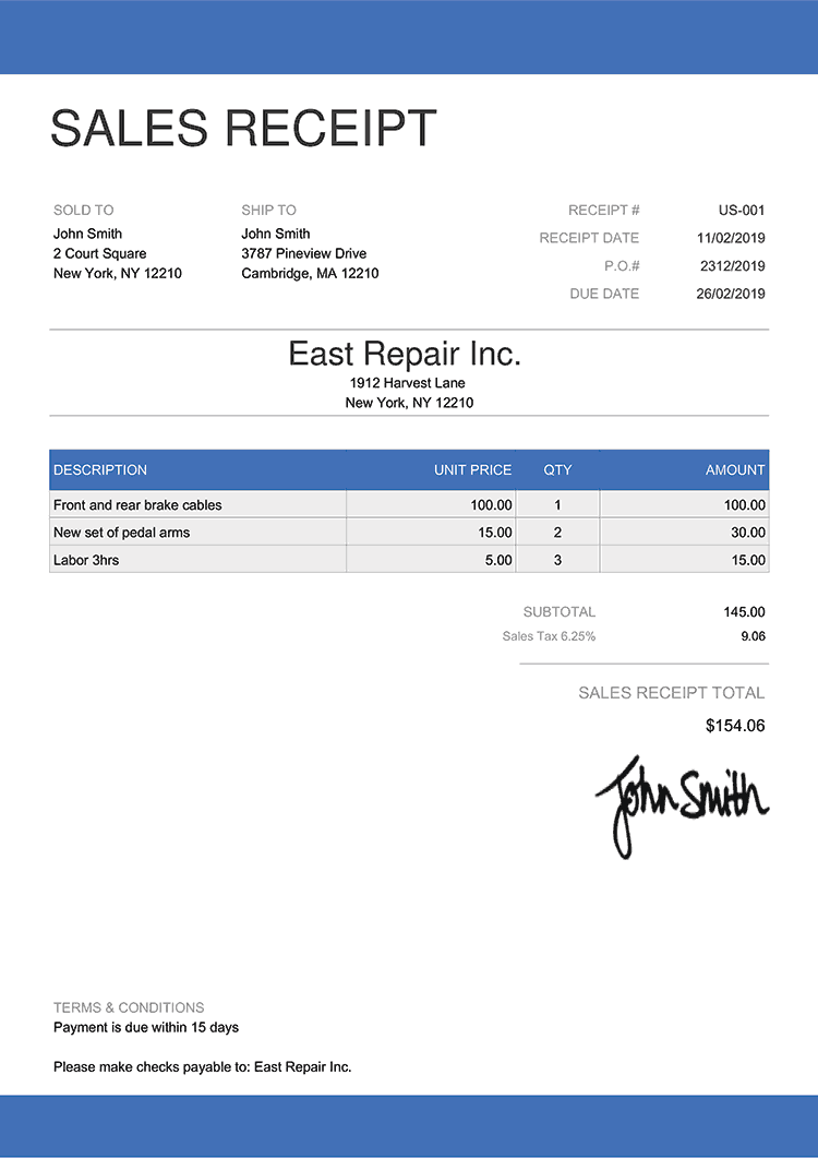 Sales Receipt Template Us Enterprise Blue 