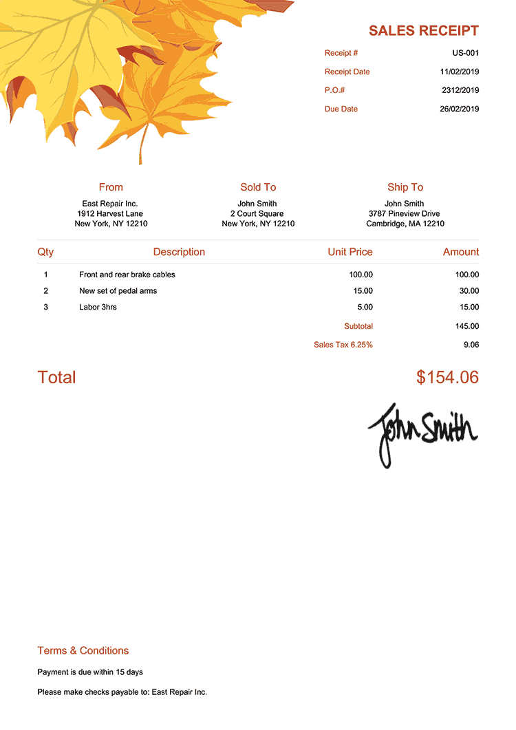 Sales Receipt Template Us Fall Leaves 