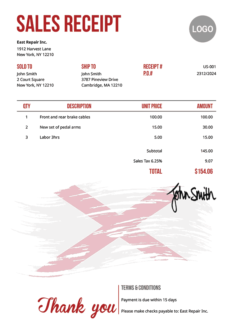 Sales Receipt Template Us Flag Of Alabama 