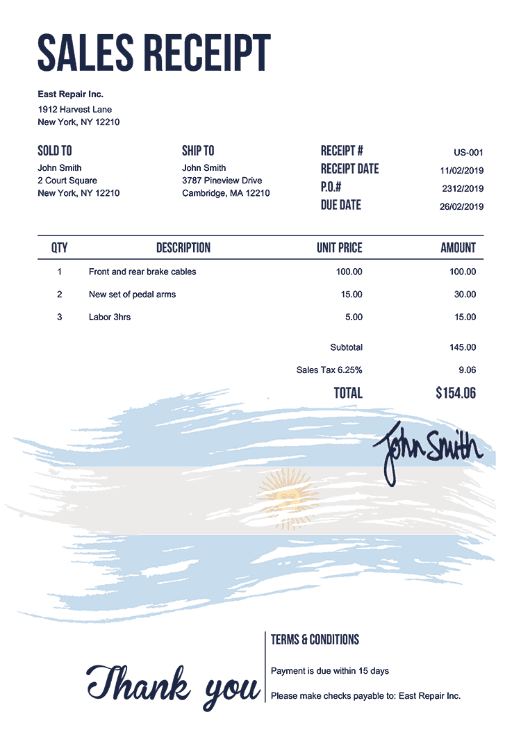 Sales Receipt Template Us Flag Of Argentina 