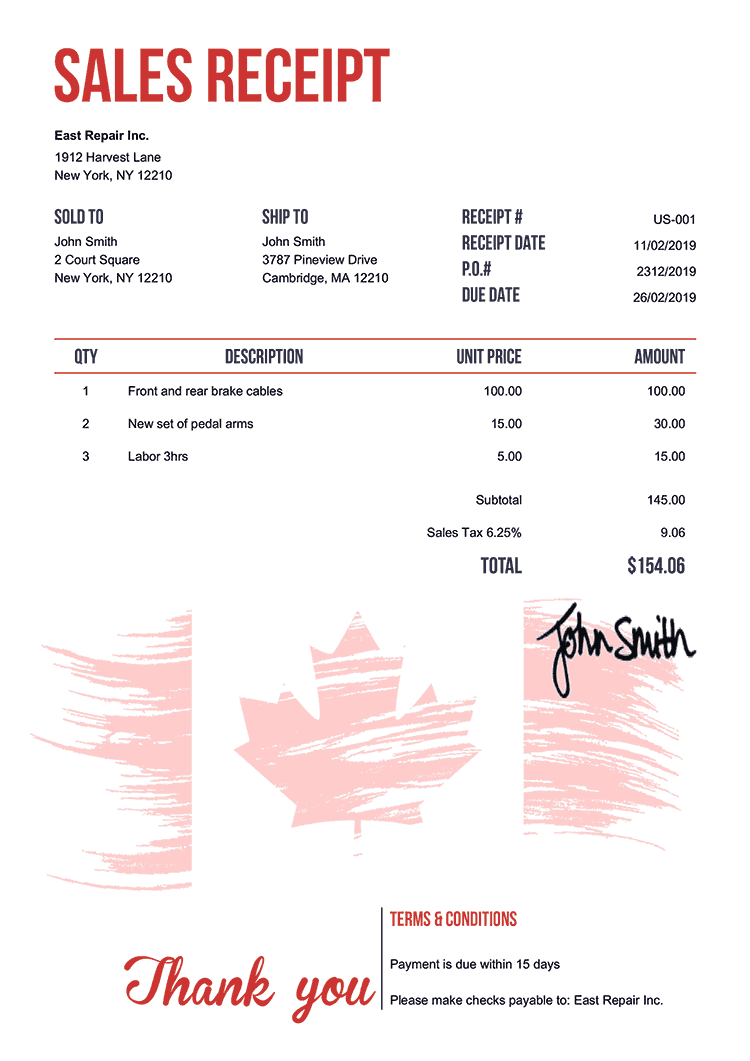Sales Receipt Template Us Flag Of Canada 