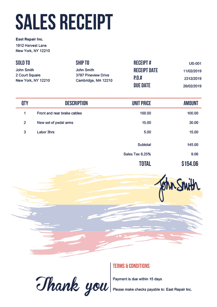 Sales Receipt Template Us Flag Of Colombia 