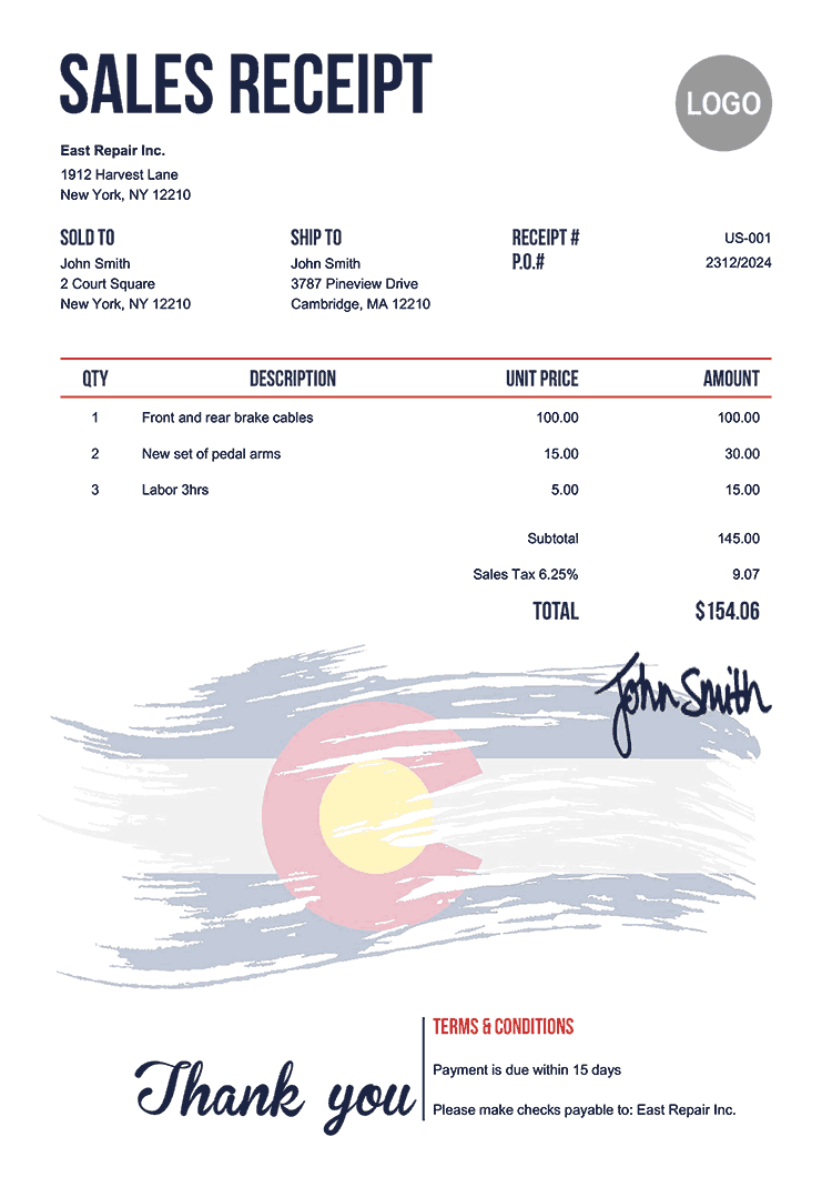 Sales Receipt Template Us Flag Of Colorado 