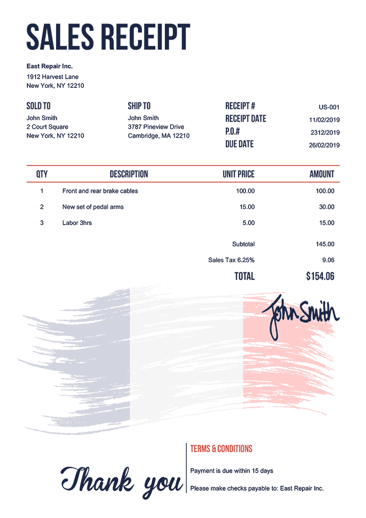 Sales Receipt Template Us Flag Of France 