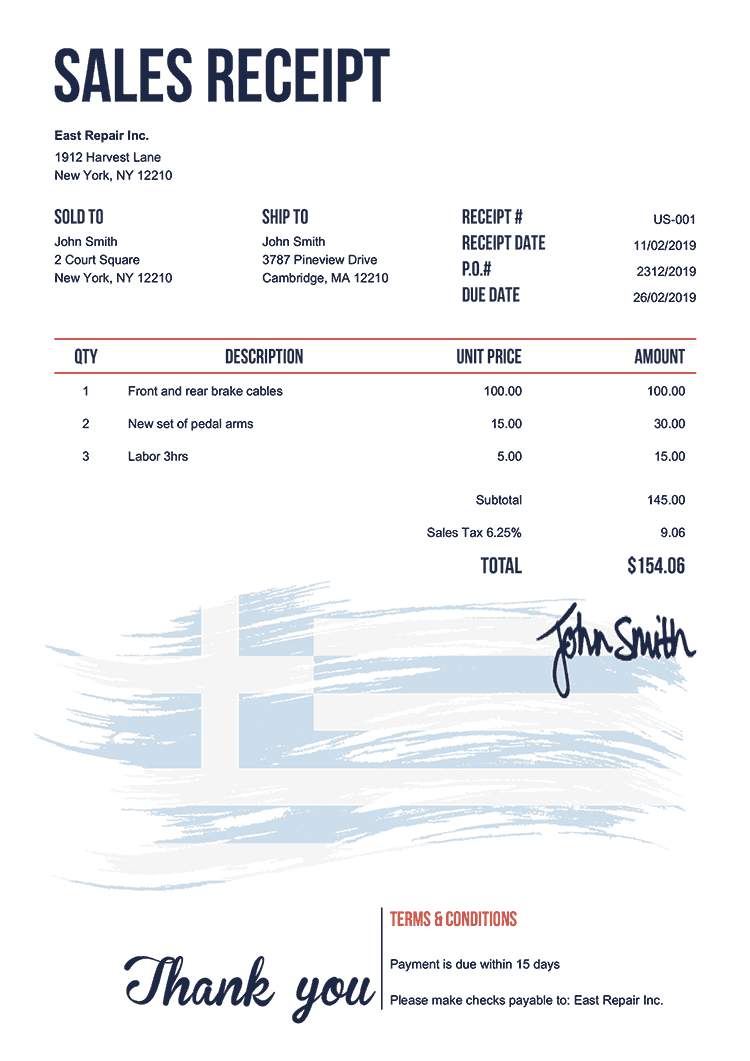 Sales Receipt Template Us Flag Of Greece 
