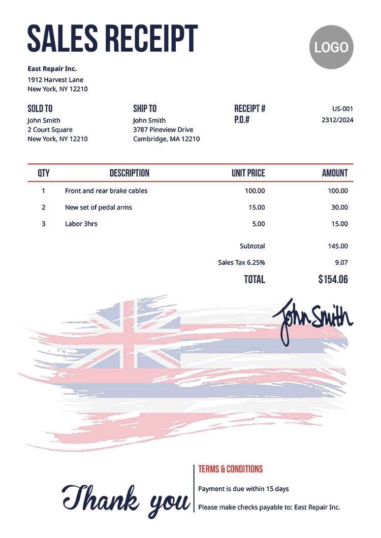 Sales Receipt Template Us Flag Of Hawaii 