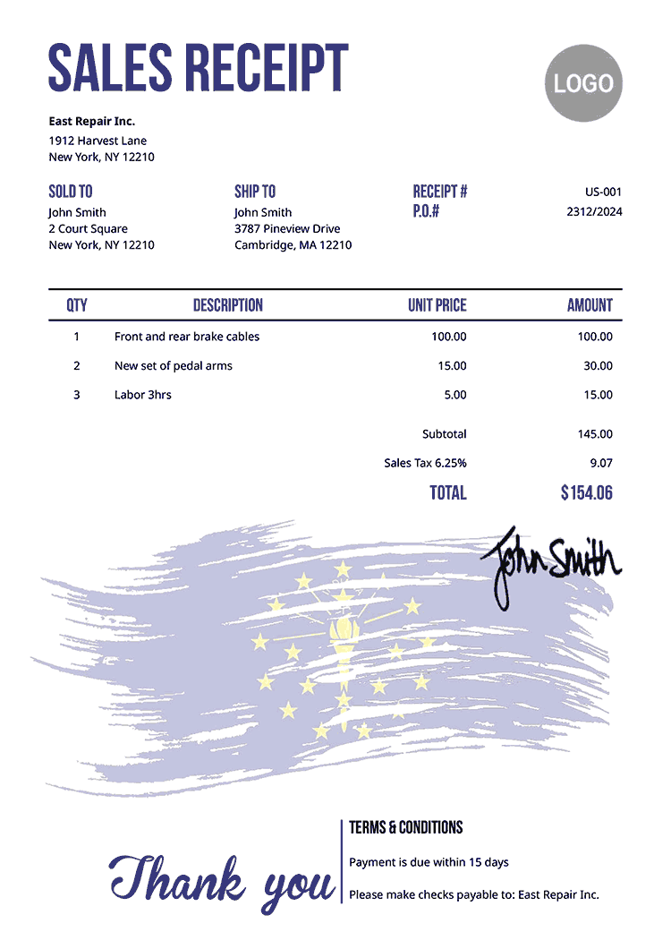 Sales Receipt Template Us Flag Of Indiana 