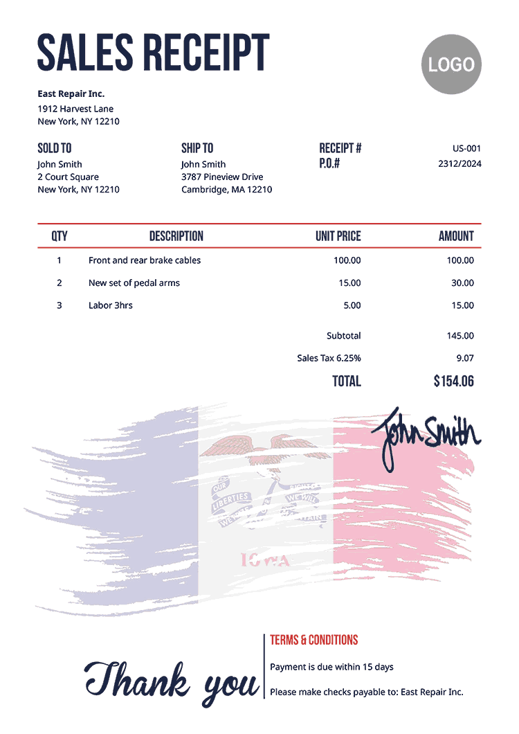 Sales Receipt Template Us Flag Of Iowa 