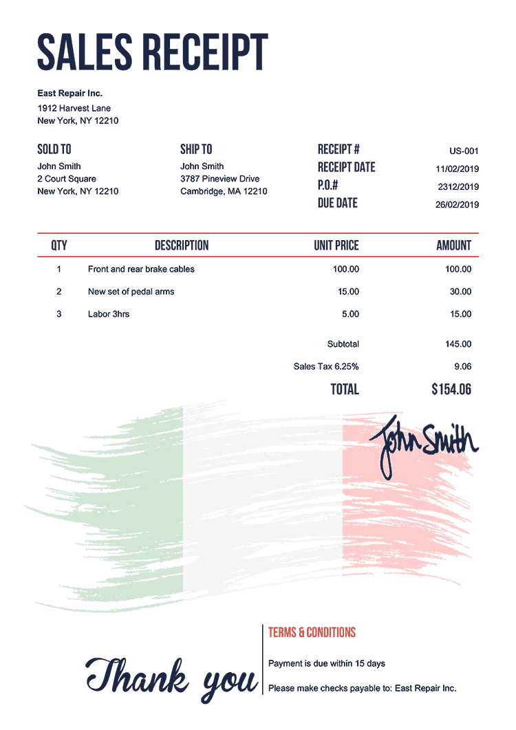 Sales Receipt Template Us Flag Of Italy 
