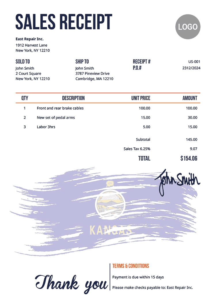 Sales Receipt Template Us Flag Of Kansas 