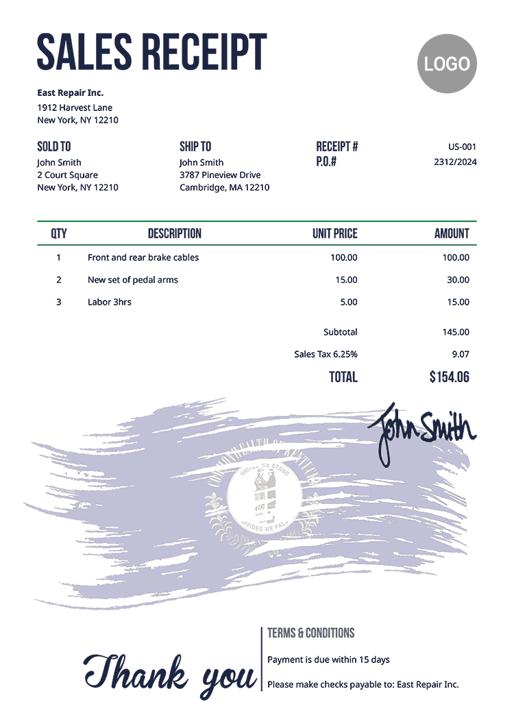 Sales Receipt Template Us Flag Of Kentucky 