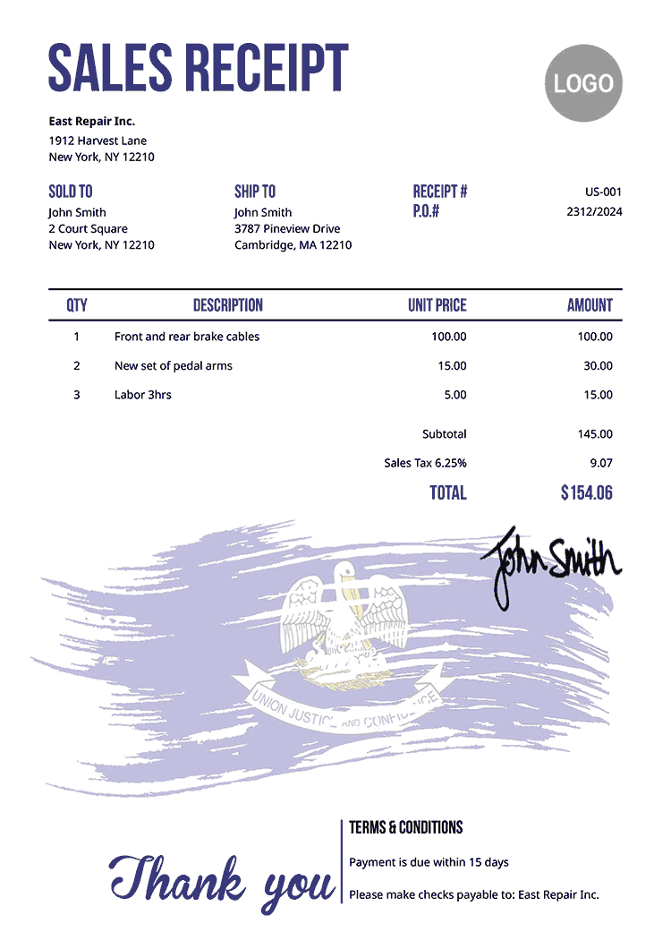 Sales Receipt Template Us Flag Of Louisiana 