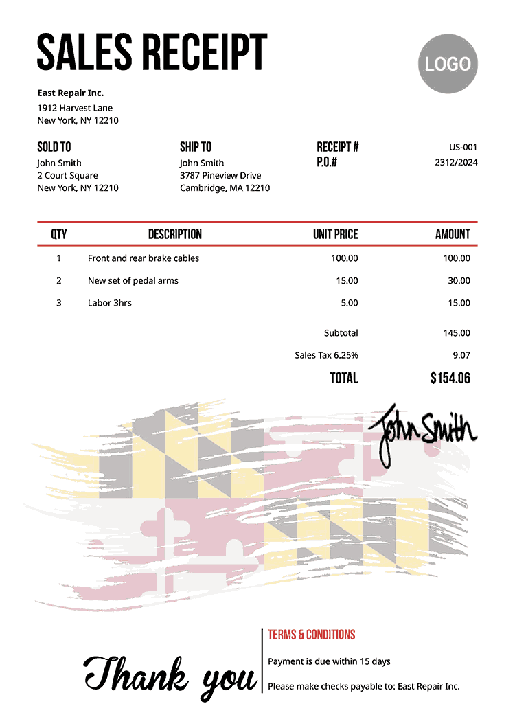 Sales Receipt Template Us Flag Of Maryland 