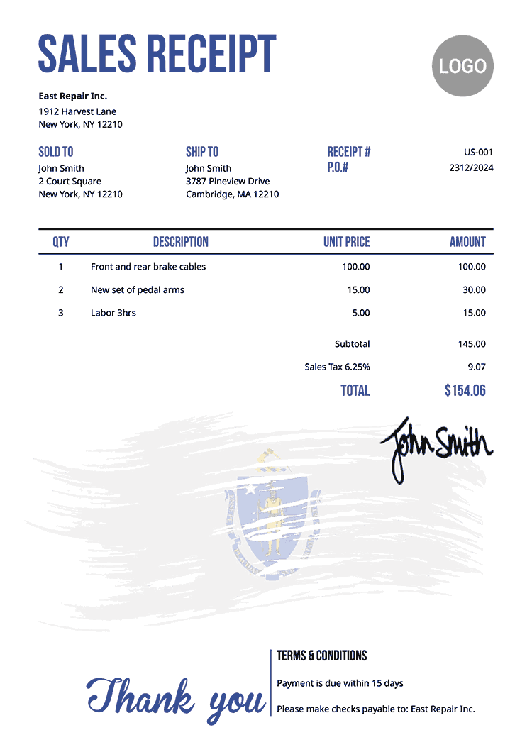 Sales Receipt Template Us Flag Of Massachusetts 
