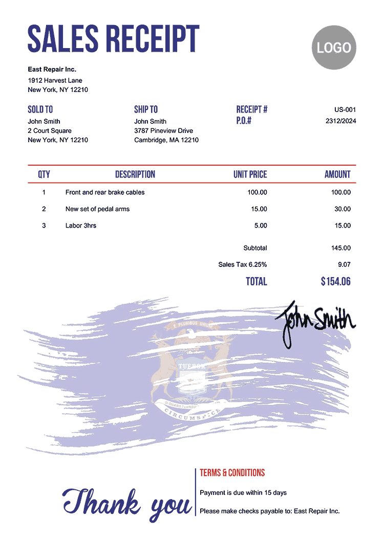 Sales Receipt Template Us Flag Of Michigan 