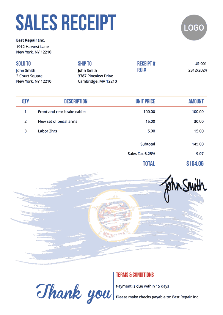 Sales Receipt Template Us Flag Of Minnesota 