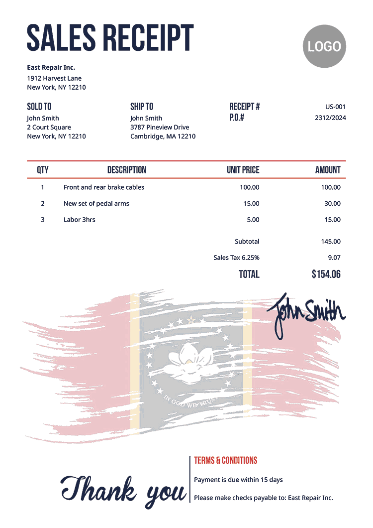 Sales Receipt Template Us Flag Of Mississippi 