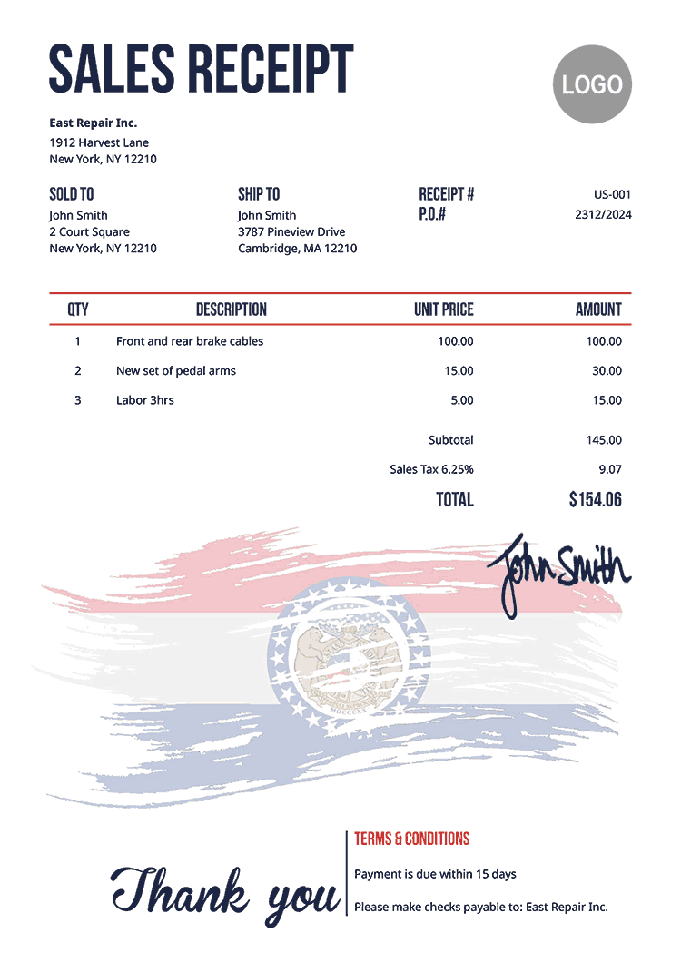 Sales Receipt Template Us Flag Of Missouri 