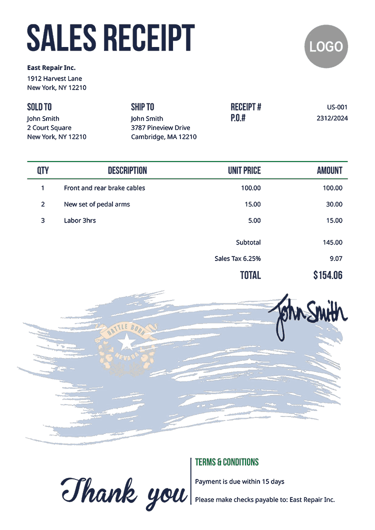 Sales Receipt Template Us Flag Of Nevada 